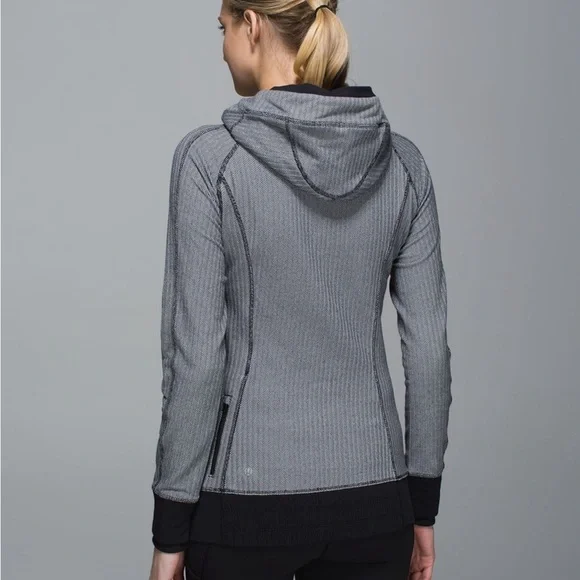 Lululemon Think Fast Hoodie Women Size 10 Black Herringbone Sweatshirt - Picture 2 of 8